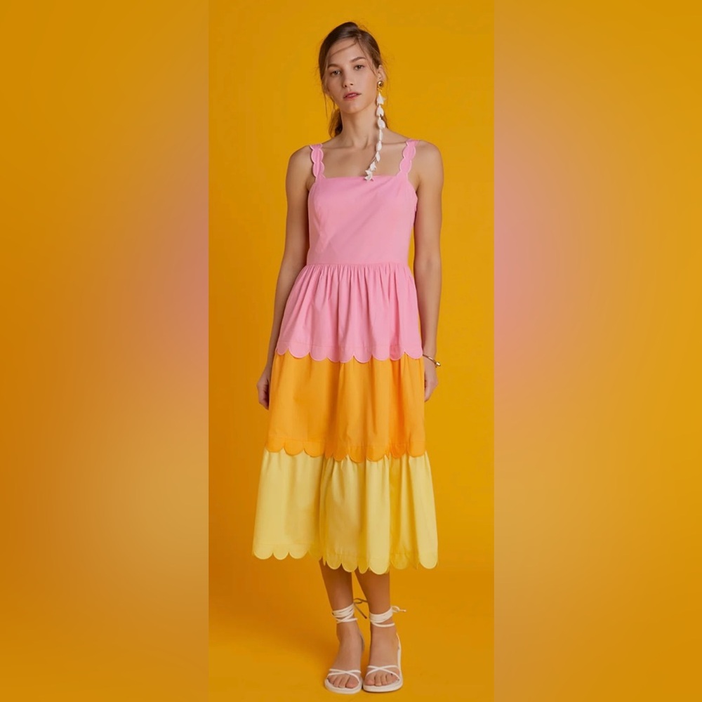 English Factory Pink and Yellow Tiered Midi Dress